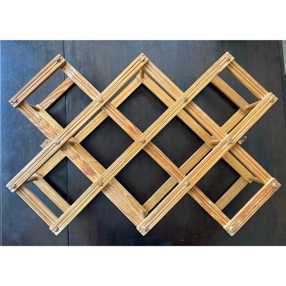Vintage Hanging Wooden 8 Slot Wine Rack Accordian Fold Up Bottle Holder
